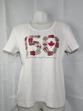 White Women's Canada Day 150 Flip-Flop "Proud To..." Graphic Maple Leaf T-Shirt